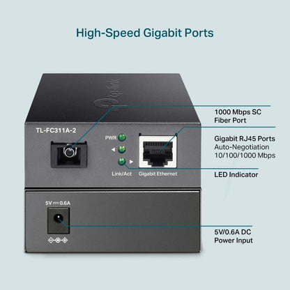 TP-Link TL-FC311A-2 Gigabit RJ45 to 1000Mbps Single Mode SC WDM Bi-Directional Media Fiber Converter Extends Up to 2km, Supports Auto-MDI/MDIX, Half/Full Duplex Wireless Networking