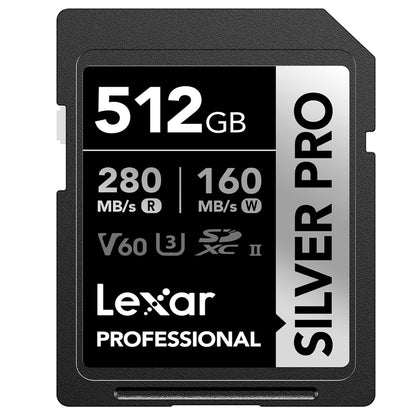 Lexar Professional 1TB 512GB Silver Pro SDXC V60 U3 UHS-II Class 10 Memory Card with 4K Video Recording, Max 280MB/s Read Speeds for Videography and Photography