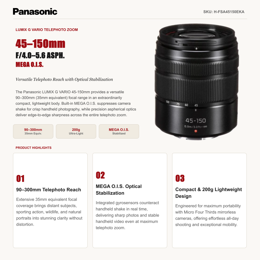 Panasonic Lumix G Vario 45-150mm F/4.0-5.6 ASPH. Telephoto Zoom Camera Lens with MEGA O.I.S.