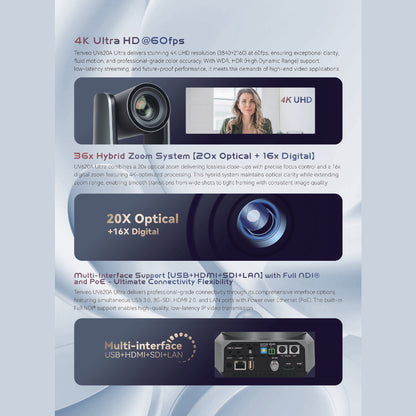 Tenveo TEVO-UVS20A 4K AI Auto-Tracking PTZ Camera UHD with 20x Optical Zoom, Sony Sensor, NDI HX2 & Multi Interfaces (PoE HDMI USB SDI RJ45 LAN) for Video Conference, Live Streaming, Worship Events, Broadcast, Video Production