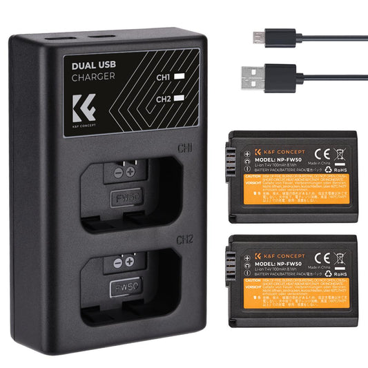 K&F Concept NP-FW50 Replacement Camera Battery 7.4V 1100mAh & USB Dual Slot Battery Charger Kit for Sony Alpha a7, a7R, a7R II, a7 II, a7S, a7S II, a5000, a6000, a6300, a6500, a3000, NEX-6, NEX-7, NEX-C3, NEX-F3, SLT -A35, SLT-A55V, etc.