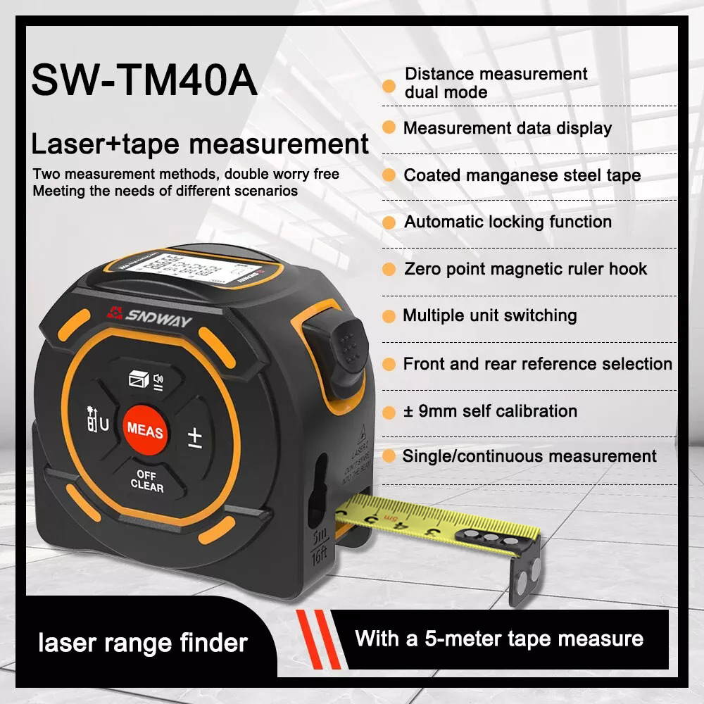 SNDWAY 2-in-1 Digital Rechargeable Laser Distance Measuring Tape Meter with 5M Max Tape Measure & 40M Laser Measurement Range, LCD Display, Push Lock Button and Multiple Measurement Functions for Industrial & Home Improvements | SW-TM40A