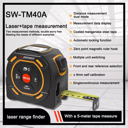 SNDWAY 2-in-1 Digital Rechargeable Laser Distance Measuring Tape Meter with 5M Max Tape Measure & 40M Laser Measurement Range, LCD Display, Push Lock Button and Multiple Measurement Functions for Industrial & Home Improvements | SW-TM40A
