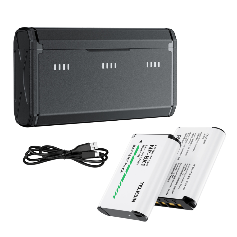 TELESIN NP-BX1 (2-Pack) 1090mAh Rechargeable Battery and Triple Bay Charger for Select Sony Cameras
