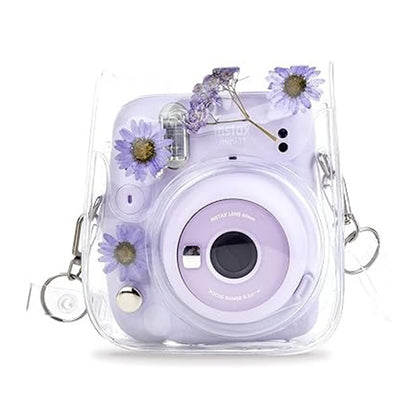 Pikxi Dried Daisy Flowers Clear Case with Sling Bag Type Strap for FUJIFILM Instax Mini 12 Instant Film Camera - Yellow, Pink, Blue, Purple