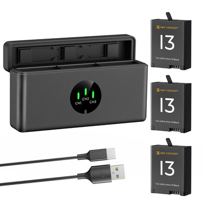 K&F Concept 3-Pack GoPro Hero 13 Action Camera Battery & Triple-Slot Charger Kit with 2100mAh Capacity, LED Light Indicator, USB-C Charging Cable & Port