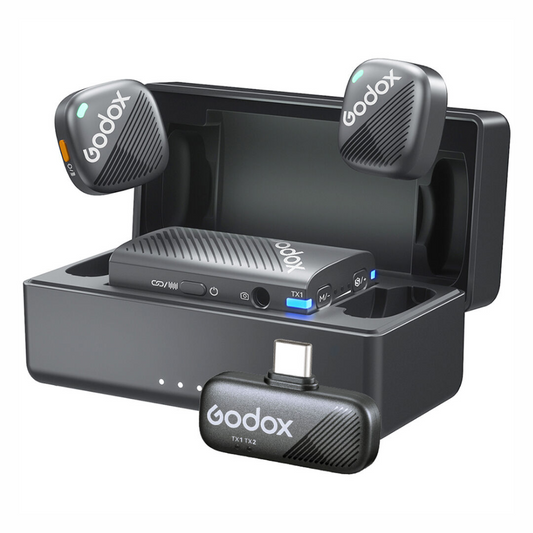 Godox Cube-C (Dual TX + RX) 2.4GHz Wireless Clip-On Microphone System Combo Kit 1 USB Type-C Omnidirectional Mono / Stereo, Max 300m Range, 2300mAh Charging Case, 10 Hours Battery, Safety Track Mode for Content Creator Vlog Vlogging