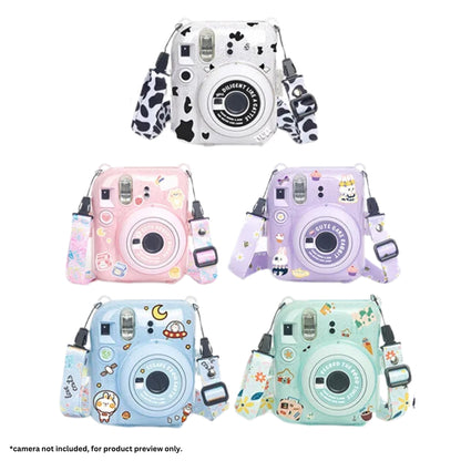[CLEARANCE] Pikxi 3-in-1 Transparent Glitter Instant Camera Case for FUJIFILM Instax Mini 12 Film Cameras with Cartoon Patch Sticker Set and Body Strap