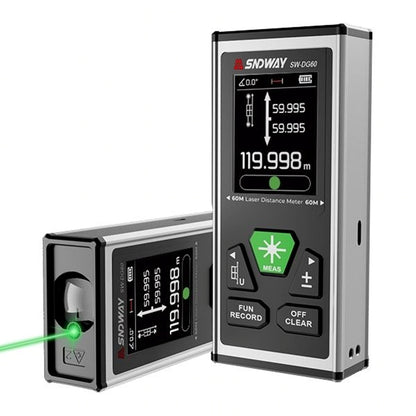 SNDWAY SW-DG60 Bi-Directiol Laser Distance Meter Outdoor Green Beam Digital Rangefinder with 120m Max Distance, Auto Rotation Screen Display, 850mAh Rechargeable Battery, 90° Electronic Level Angle Sensor for Length Area Volume