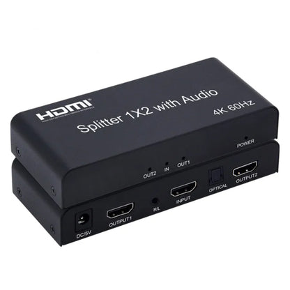 Argox HDMI Splitter 1x2 with Audio, 4K 60Hz, 1 DC/5V, 1 R/L, 1 Optical, 1 HDMI Input, & 2 HDMI Output with LED Indicator for TV Store, Teaching, Market Advertisement