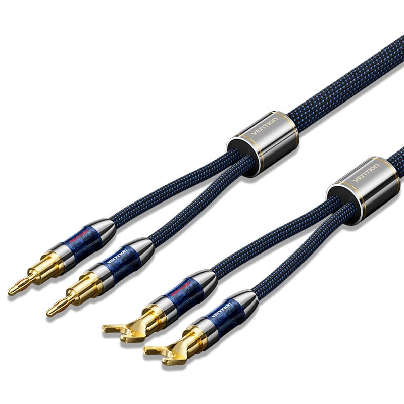 Vention Dual Banana to Dual Spade Plug Cotton Braided Professional Speaker Cable (Hi-Fi) with Gold Plated Connectors and Triple Internal Shielding for Audio Equipment and Sound Systems Receivers Amplifiers Loudspeakers and more