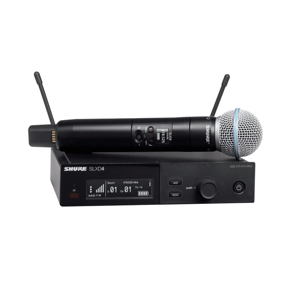 Shure SLXD24 B58 / SM58 Digital Wireless Handheld Microphone (1RX + 1TX) with Beta 58A Supercardioid / SM58A Cardioid Mic, 24-Bit Audio, 44MHz Band & AA Battery Powered for Live Stage Performers & Karaoke Music | SLXD24A/B58 | SLXD24A/SM58