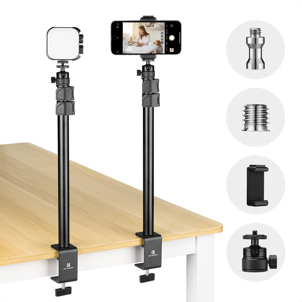 K&F Concept 102cm Aluminum C-Clamp Desktop Stand with 3kg Load Capacity, Buckle Lock, 360° Adjustable Ball Head, Light Stand Mount Adapter, Phone Holder and 1/4-3/8" Screw Holes for Camera Smartphone & Ring Lights | 1-Pack / 2-Pack Options