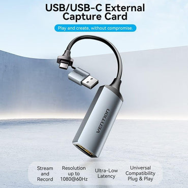 Vention 2-in-1 USB A + Type C to HDMI Video Capture Card for Steaming and Recording with 1080p@60Hz Resolution (Plug & Play) for Windows MacOS Linux Android Computer Laptop PC Mobile Phone Tablet Gaming Console Xbox PS5
