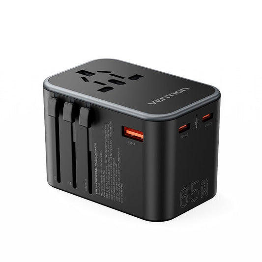 Vention 65W Multi-Port Universal Travel Adapter with GaN Fast Charging USB PD Ports, US/AU/UK/EU Male and Female Plugs for Smartphone, Tablet, Laptop etc. | FJDB0