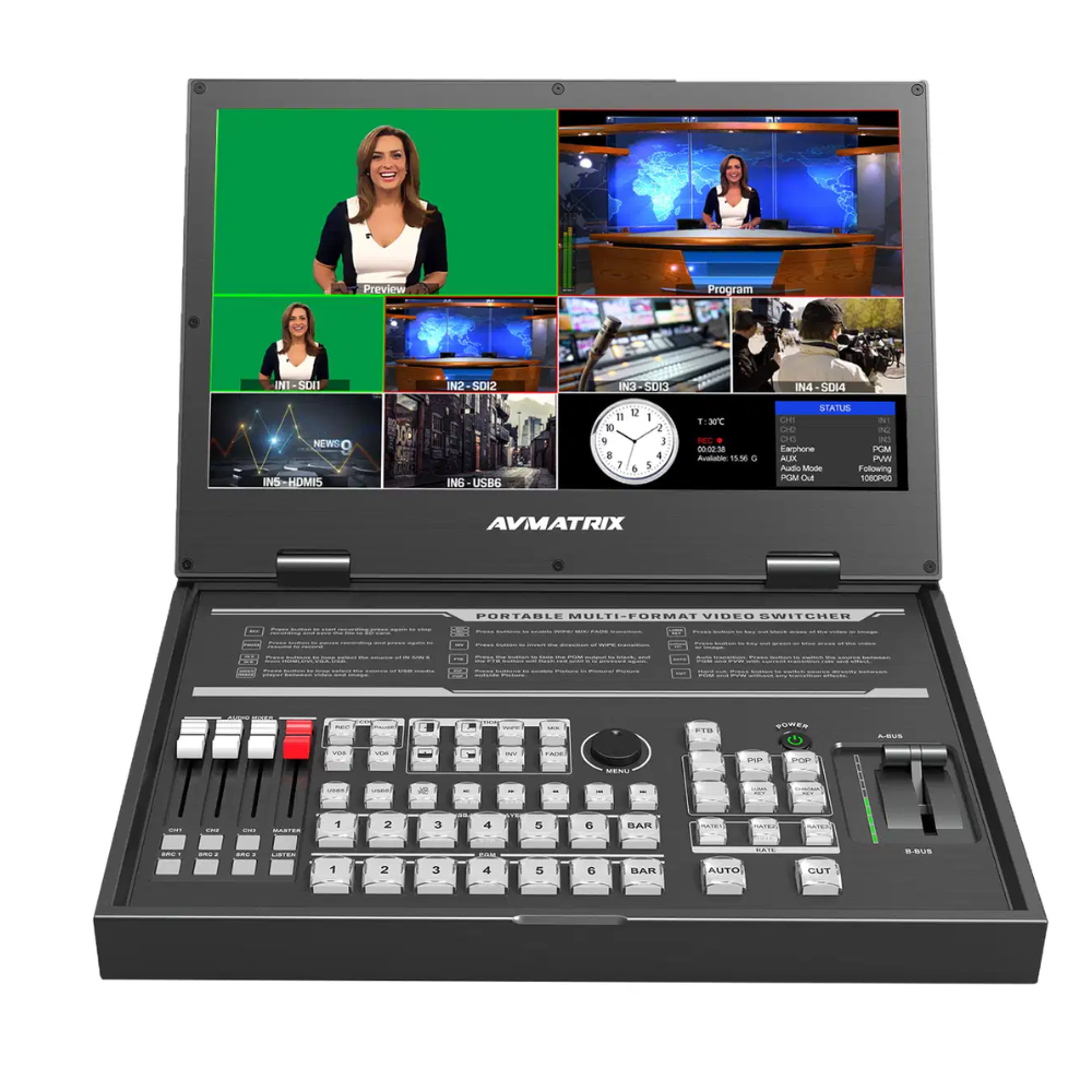 AVMatrix PVS0615U 6-Channel SDI / HDMI 4K 60 UHD Multi Format Streaming Switcher with 15.6" FHD LCD Display, T-Bar/Auto/Cut Transitions and MIX/FADE/WIPE Effects for Video Livestreaming