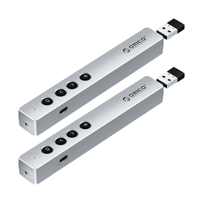 [CLEARANCE] ORICO 2.4GHz 2pcs Wireless Presentation Remote Clicker (AAA Battery) with 50m Control Range, 3R Class Laser, Magnetic USB Receiver for Windows, macOS, Linux, Android, Conference Presentation (Silver) | OPPT2-05-SV