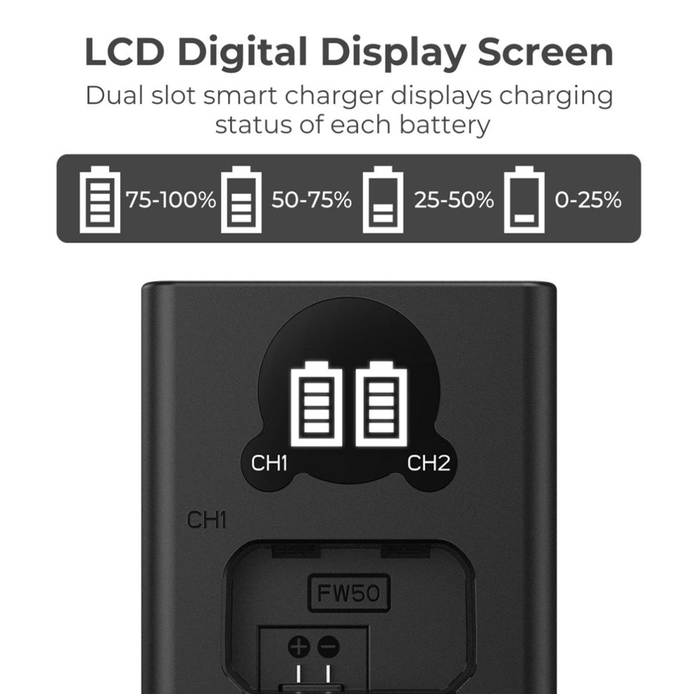 K&F Concept NP-FW50 Dual Battery Charger with LCD Screen Display and USB Type-C Charging Cable for Selected SONY Digital Camera A7 A7II, A7RII, A7SII, A7S, A7S2, A7R, A7R2, A6000, A6500, A6300, A6400, etc. | KF28-0009V1