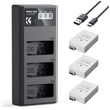 K&F Concept LP-E8 LPE8 (3-Pack) Batteries Triple Bay USB Charger Kit