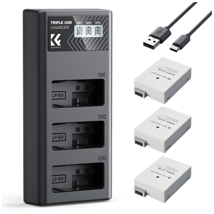 K&F Concept LP-E8 LPE8 (3-Pack) Batteries Triple Bay USB Charger Kit