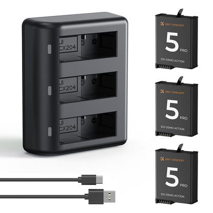 K&F Concept 3-Pack DJI Osmo Action 5 Pro / 4 / 3 Camera Battery & Triple-Slot Charger Kit with 2100mAh Capacity, LED Light Indicator, USB-C Charging Cable & Port