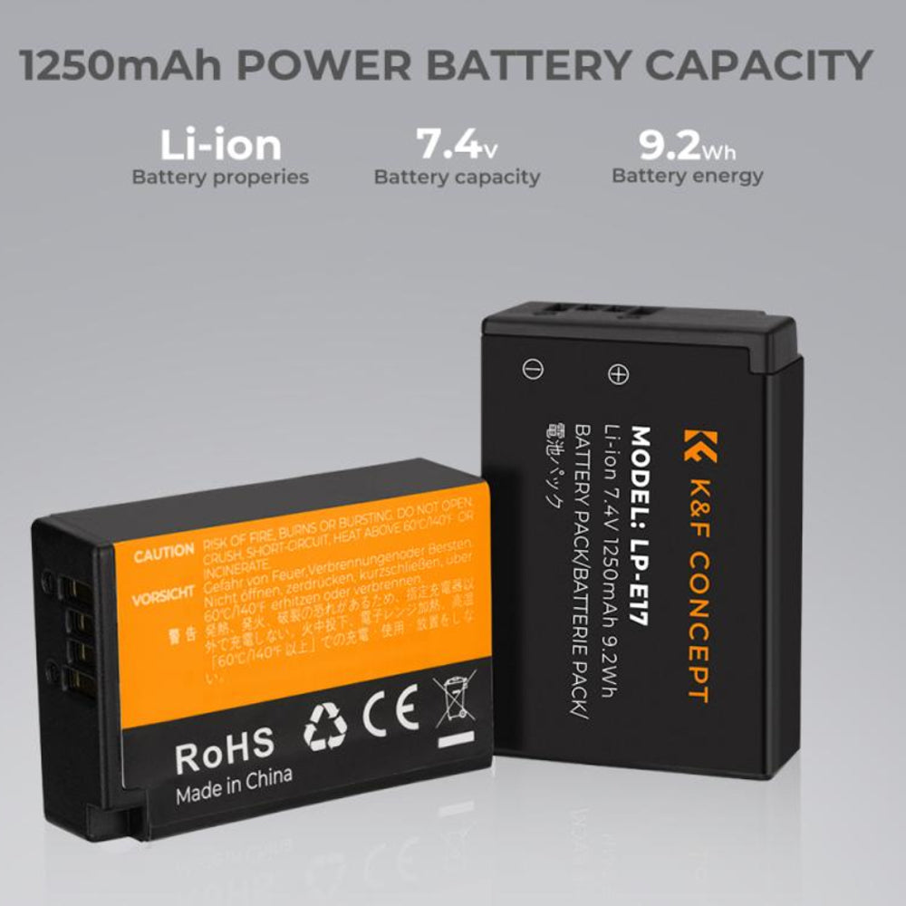 K&F Concept LP-E17 Battery & Charger for Canon EOS RP SL2 SL3 M3 M5 M6 Mark II 77D 200D 750D 760D 800D 850D 8000D Cameras and more | 1250mAh Semi-Decoded Rechargeable Batteries | Micro USB & Type-C Charging | Replacement for LPE17 LP E17