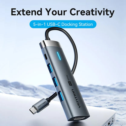 Vention USB-C Docking Station 4K/60Hz UHD with HDMI / USB 3.0 Type-A / USB 3.2 Gen 1 Type-C 100W PD Charging Ports with 5Gbps High-Speed Data Transfer for PC, Desktop, Laptop, Tablet and Smartphone - Windows, macOS, Linux & Android Systems