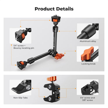 K&F Concept 60mm Super C-Clamp & 11" / 9.8" / 6" Magic Arm Mount with 360° Ball Head, 2kg Maximum Load Capacity, 1/4" & 3/8" Screw for Smartphone Clip, Fill Light, Compact, DSLR, SLR, Mirrorless, Panoramic, Action Cameras