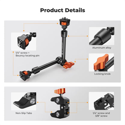 K&F Concept 60mm Super C-Clamp & 11" / 9.8" / 6" Magic Arm Mount with 360° Ball Head, 2kg Maximum Load Capacity, 1/4" & 3/8" Screw for Smartphone Clip, Fill Light, Compact, DSLR, SLR, Mirrorless, Panoramic, Action Cameras