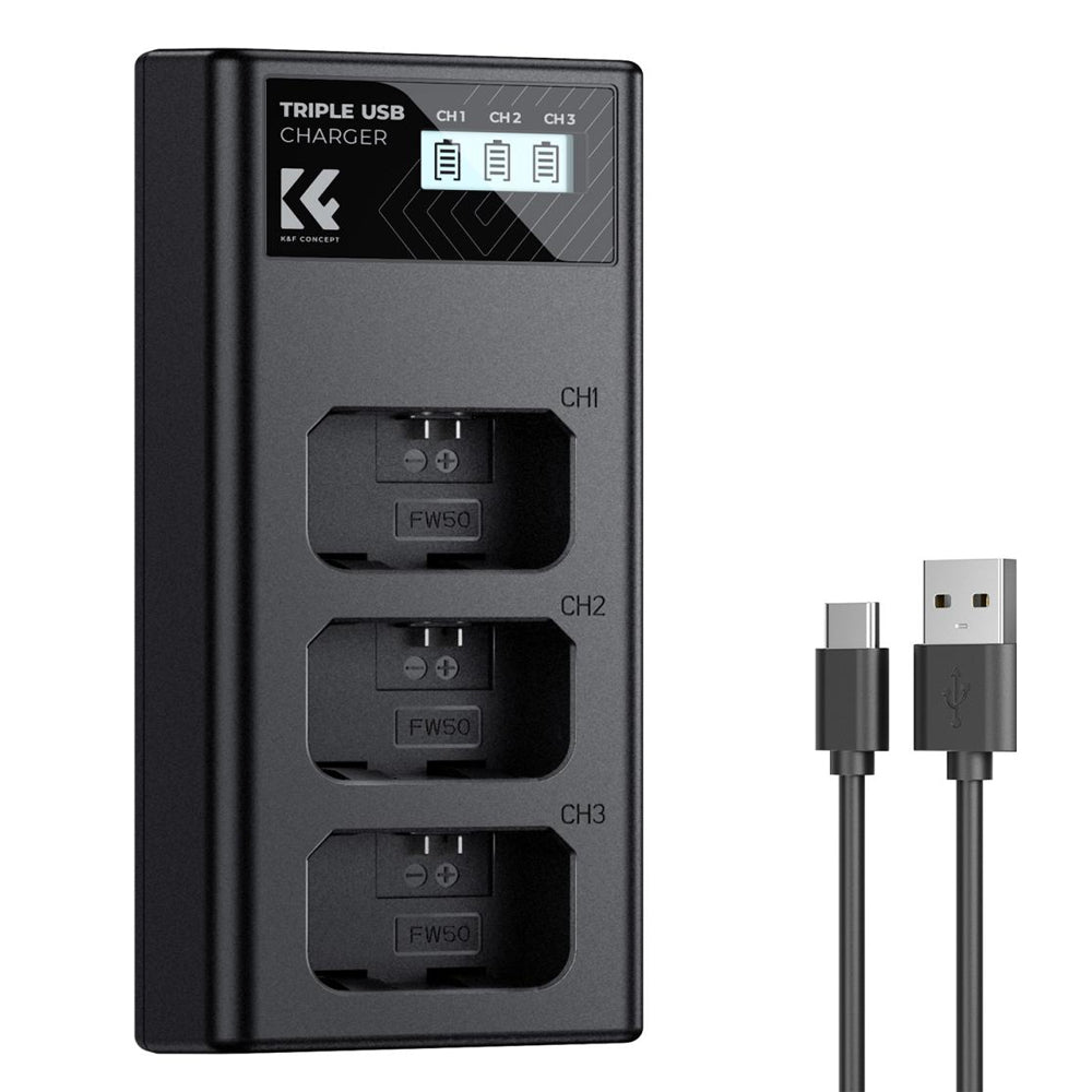 K&F Concept NP-FW50 (3-Pack / 2-Pack) 1100mAh Rechargeable Camera Battery Replacement and Triple / Dual Slot Charger Kit with USB Type-C / Micro B Input Fast Charging Ports for Selected Sony Cameras