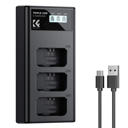 K&F Concept NP-FW50 (3-Pack / 2-Pack) 1100mAh Rechargeable Camera Battery Replacement and Triple / Dual Slot Charger Kit with USB Type-C / Micro B Input Fast Charging Ports for Selected Sony Cameras