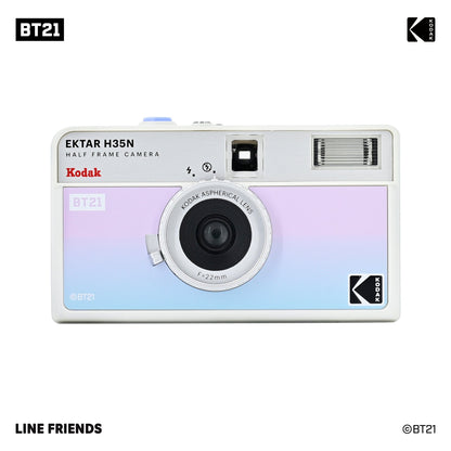 [CLEARANCE] KODAK EKTAR H35N x BT21 Limited Edition 35mm Half-Frame Reusable Film Camera Package with BTS Line Friends Kpop Special Collaboration Sticker Set, Carry Pouch, Wrist Strap Keychain, and Built-In Star Filter for Alog Photography