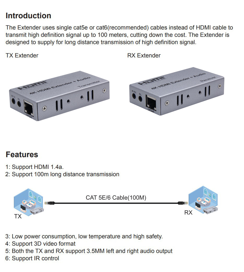 ArgoX HDES100-A 4K HDMI Extender + Audio Transmitter Receiver with 100m Range, IR Control, Supports 3D, 3.4Gbps Data Rate, HDMI1.4a, CAT5e/6 Ethernet Cable, TX and RX Support 3.5mm Audio Output