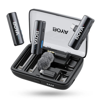 Boya BOYALINK 2 2-Person Wireless Microphone System (Dual TX + RX) with 3 in 1 3.5mm TRS, USB Type-C, iOS Lightning L-Type Interface, HD Noise Cancellation, 300m Max Range and Charging Case for Camera, Live Video Streaming, Vlog, TikTok