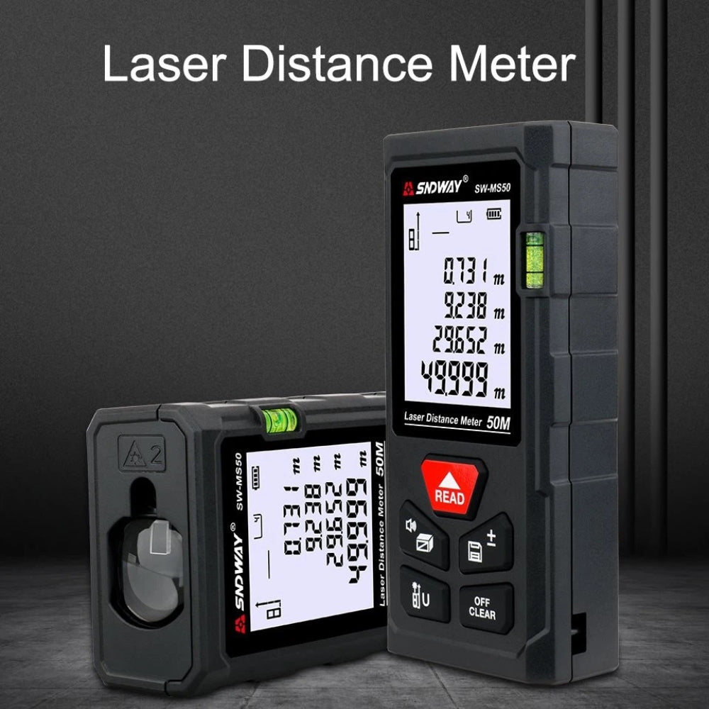 SNDWAY Digital Laser Distance Meter with 50 Meters Measurement Range, Laser Class II, +2mm Accuracy, LCD Backlight Display, 99 Units Data Storage, Multiple Measurement Unit and Function Options for Industrial & Home Improvements | SW-MS50