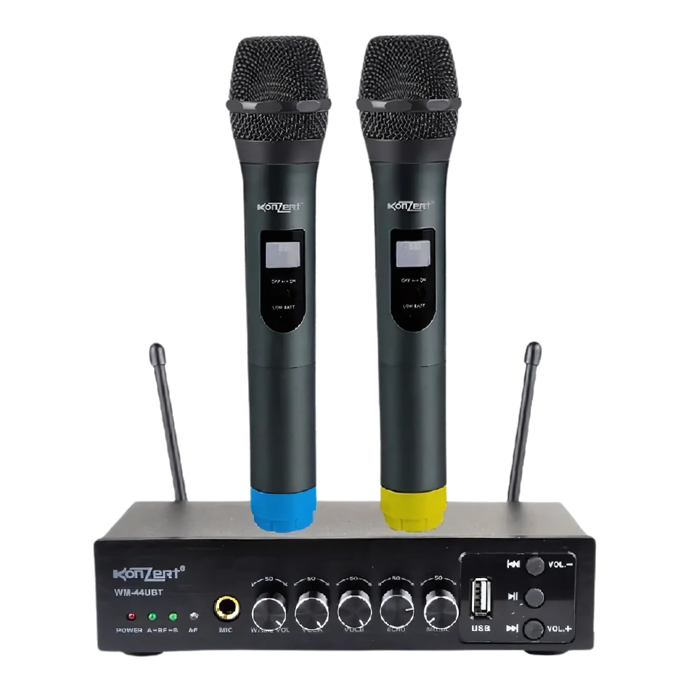 Konzert WM-44UBT Dual Wireless UHF 2-Person Microphone System with Dynamic Capsule 2-Channel Receiver, Fixed Frequency, Bluetooth and USB Audio and Max 30m Transmission Range