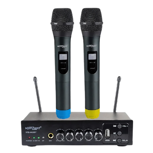 Konzert WM-44UBT Dual Wireless UHF 2-Person Microphone System with Dynamic Capsule 2-Channel Receiver, Fixed Frequency, Bluetooth and USB Audio and Max 30m Transmission Range