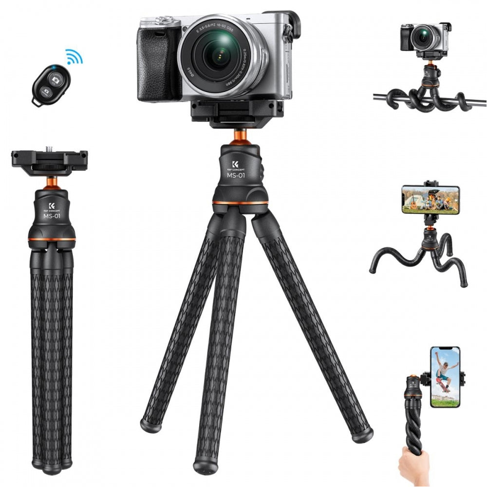 K&F Concept MS-01 Flexible Tripod with Integrated Clip Phone Holder, Metal Ball Head, and Wireless Bluetooth Remote Control for Smartphones, Video Fill Light, Cameras
