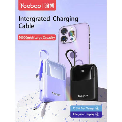 Yoobao LQ20 20000mAh 22.5W Fast Charge Digital Display Power Bank with Built-In Type C & Lightning Charging Cable, USB-A & USB-C PD Port for Phone, Tablet, Camera, iPhone, Android Smartphone, etc. - Black / Purple / Blue | Powerbank