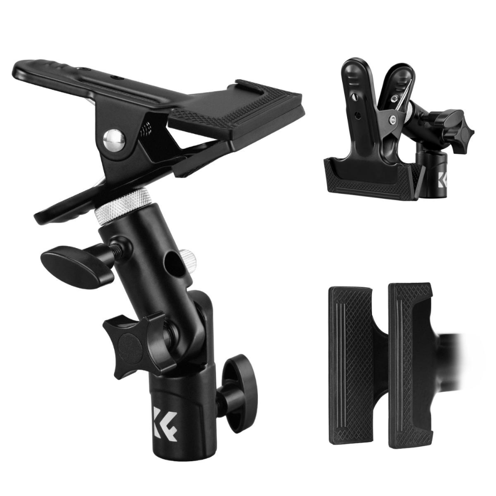 K&F Concept Heavy-Duty Metal Bracket Clip for Reflectors, Backdrops & Umbrella Diffusers with Flexible Swivel Adjustment, 5/8" Light Stand Attachment, and 1/4"-3/8" Screw Threads for Cameras, Fill Lights & Photography Studio Lighting
