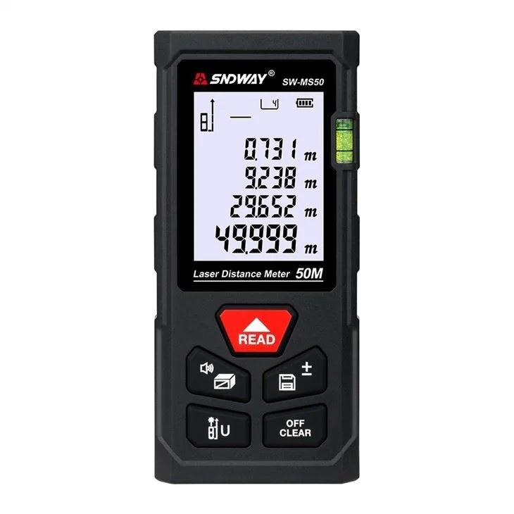 SNDWAY Digital Laser Distance Meter with 50 Meters Measurement Range, Laser Class II, +2mm Accuracy, LCD Backlight Display, 99 Units Data Storage, Multiple Measurement Unit and Function Options for Industrial & Home Improvements | SW-MS50