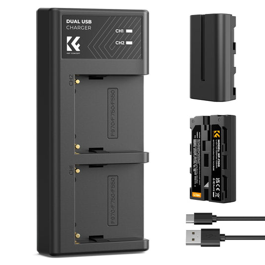 K&F Concept NP-F550 2pcs (2-Pack) 2200mAh Battery + Dual Bay Charger Set Kit, Fully Decoded, USB Type-C / Micro USB Ports for Sony Camcorders