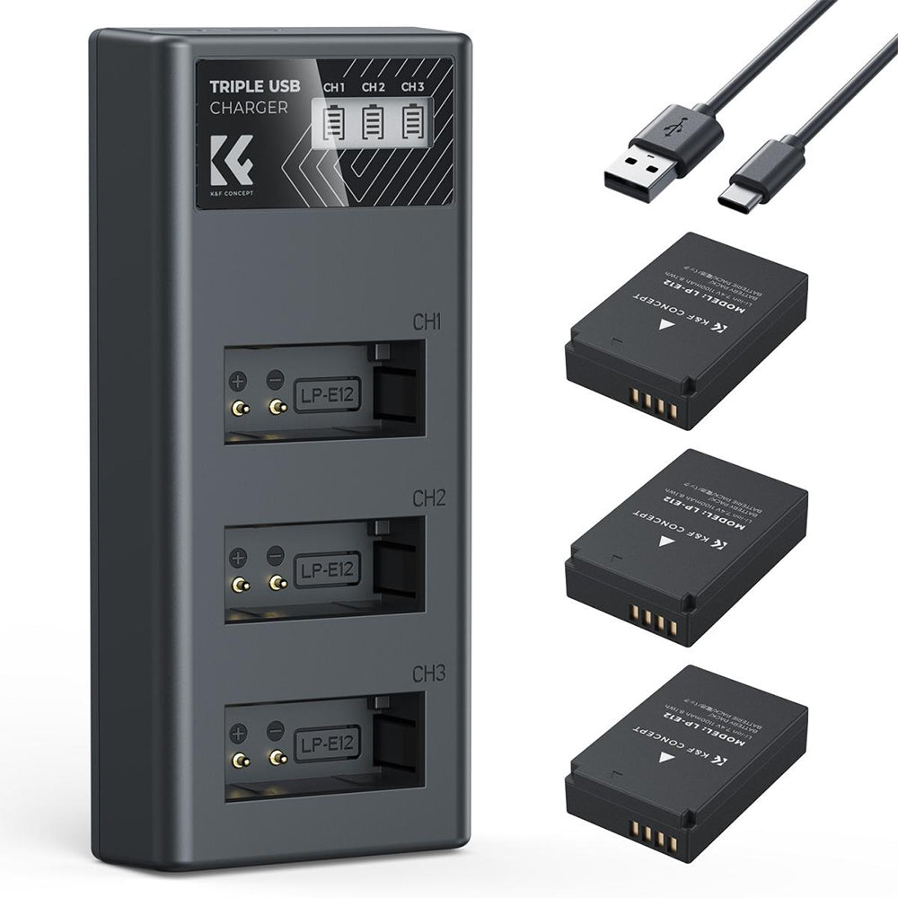 K&F Concept LP-E12 LPE12 Battery and Charger Kit with 1100mAh Capacity, Micro and USB C Port for Canon EOS M M2 M10 M50 M100 M200 M50 Mark II Mirrorless / EOS 100D DSLR / Powershot SX70 HS Cameras | 2-Pack / 3-Pack Options