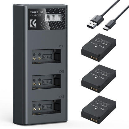 K&F Concept LP-E12 LPE12 Battery and Charger Kit with 1100mAh Capacity, Micro and USB C Port for Canon EOS M M2 M10 M50 M100 M200 M50 Mark II Mirrorless / EOS 100D DSLR / Powershot SX70 HS Cameras | 2-Pack / 3-Pack Options