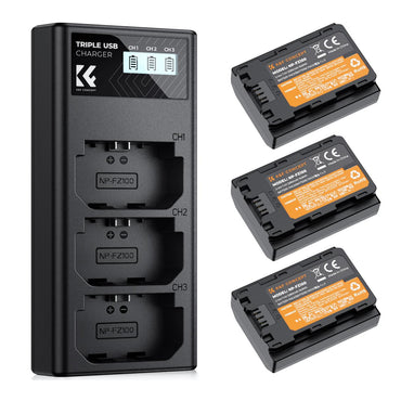K&F Concept NP-FZ100 (3-Pack) 2280mAh Rechargeable Camera Battery and Triple Slot Charger Kit with USB Type-C / Micro B Input Fast Charging for Sony Alpha A7 III, A7R III (A7R3), A9, a6600, a7R IV, Alpha a9 II, Alpha 9R (A9R), Alpha 9S (A9S)