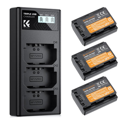 K&F Concept NP-FZ100 (3-Pack) 2280mAh Rechargeable Camera Battery and Triple Slot Charger Kit with USB Type-C / Micro B Input Fast Charging for Sony Alpha A7 III, A7R III (A7R3), A9, a6600, a7R IV, Alpha a9 II, Alpha 9R (A9R), Alpha 9S (A9S)