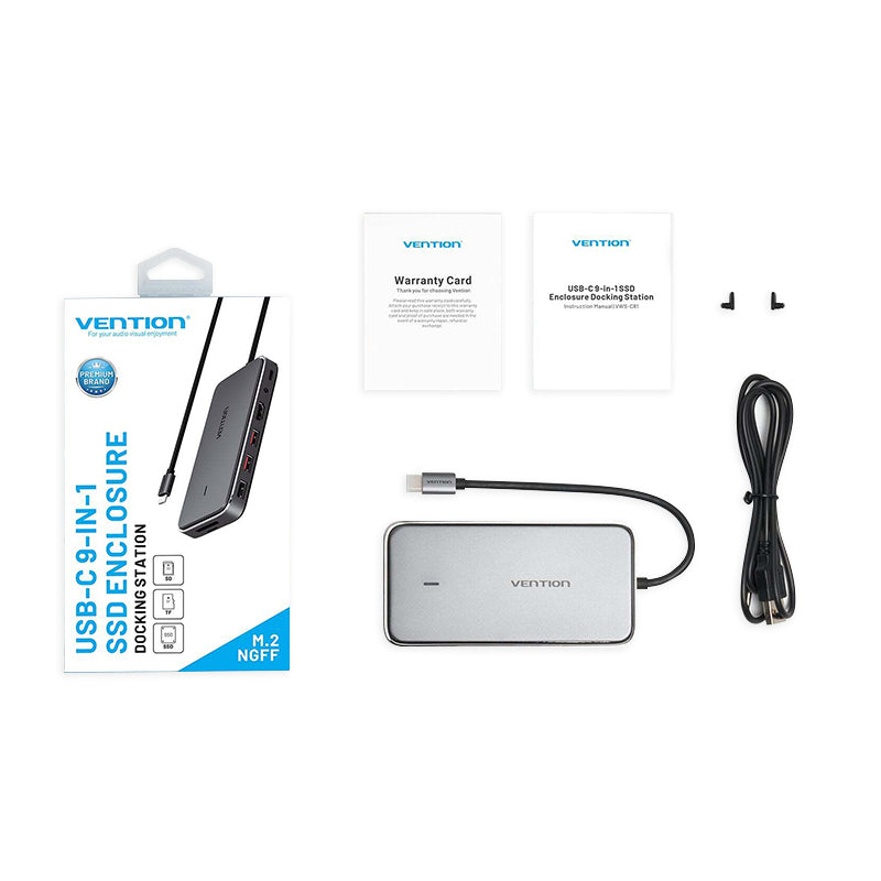 VENTION 15cm Multifunctional Hub 9-in-1 USB Type C Docking Station Power Delivery 100W with 256G Supported Memory, USB 3.1 Gen 2/ USB 2.0 / DC-jack to HDMI 2.0, M.2 SSD Enclosure, 4k@60Hz Resolution Aluminum Metal Black TPYBB