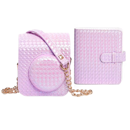 Pikxi Metallic Finish Basket Weave Pattern Photo Album and Case for FUJIFILM Instax Mini 12 Instant Film Camera - Available in Pastel Blue, Blossom Pink, White, Mint Green, Purple and Silver Colors