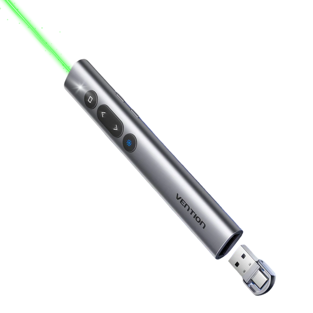Vention Rechargeable Wireless Powerpoint Presenter Clicker with Green Laser Pointer, Magnetic USB-A / USB-C Receiver, 100M Laser Range, 2.4Ghz Transmission, One-Click Hyperlink Access & Black Screen Mode, Real-Time Battery Monitoring