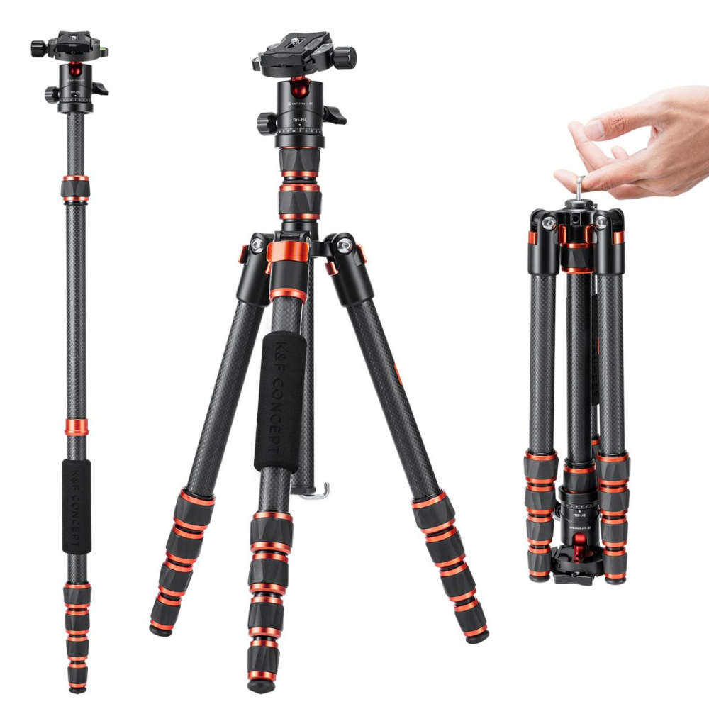 K&F Concept 360° Ball Head 5-Section Carbon Fiber Tripod + Monopod with 8kg Maximum Load Capacity & 1.52m Height, 1/4" Threaded Mounts for DSLR Mirrorless Cameras | A225C0+BH-25L